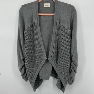 Gray Asymmetrical Open Cardigan Sweater with Textured Design Long Sleeve SzSmall